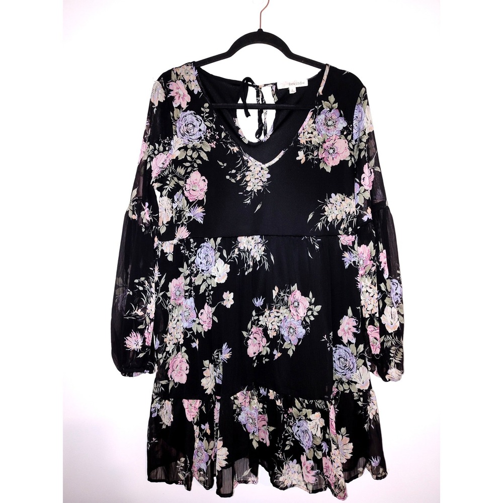Rewind‎ Floral Long Sleeve Mini Dress Black Pink V-Neck Babydoll Tiered Large